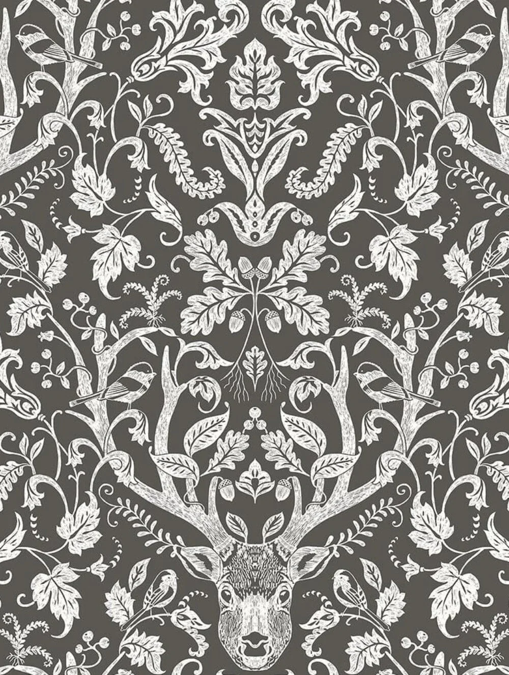Wallpaper Kiwassa Black & White Antler Deer Damask